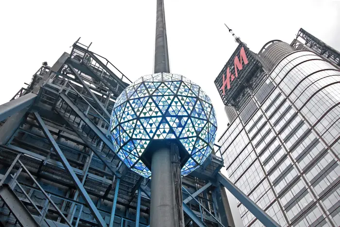 This is a photo of the Times Square ball being tested for the drop on New Years Eve.